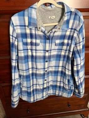 L.L. Bean Light Blue and White Plaid Fleece-Lined Shacket with pockets